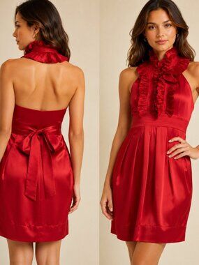 BCBGMaxAzria 100% Silk Ruffle Dress Pleated Runway Red Size 0